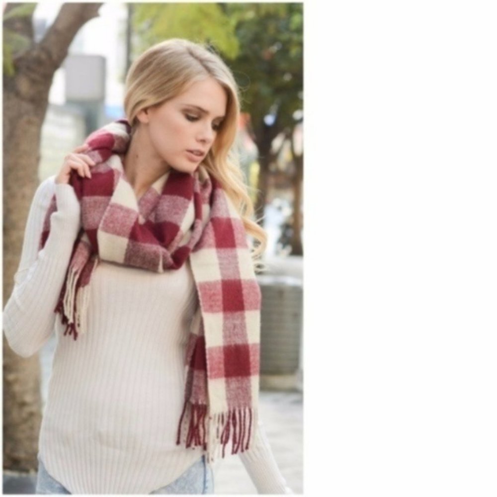 NEW Buffalo Check Blanket Scarf Shawl Plaid Wrap Fringe Burgundy Red Boutique